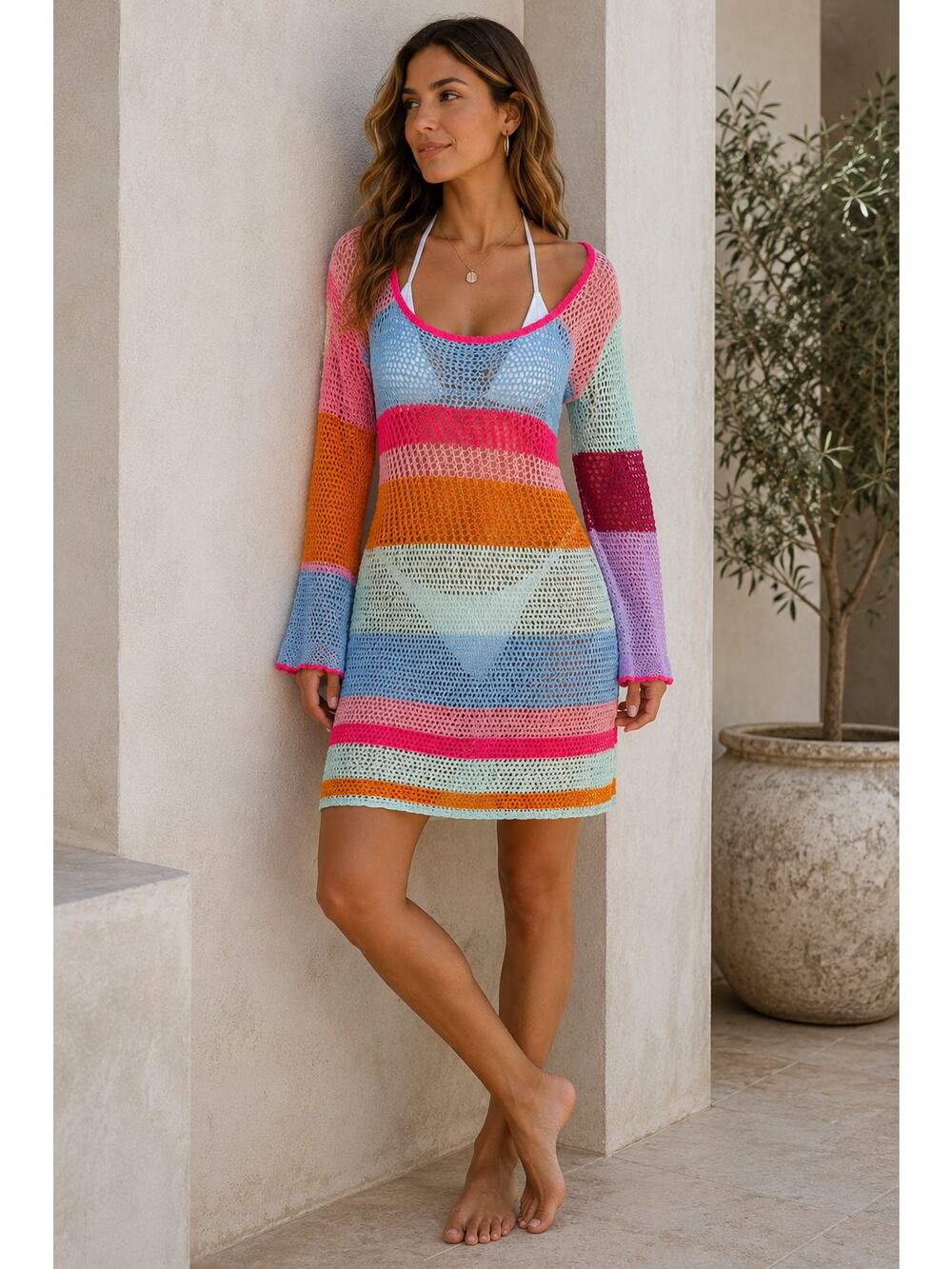 Rainbow Crochet Knit Bell Sleeve Swim Cover Up Mini Dress Large Boho Beach